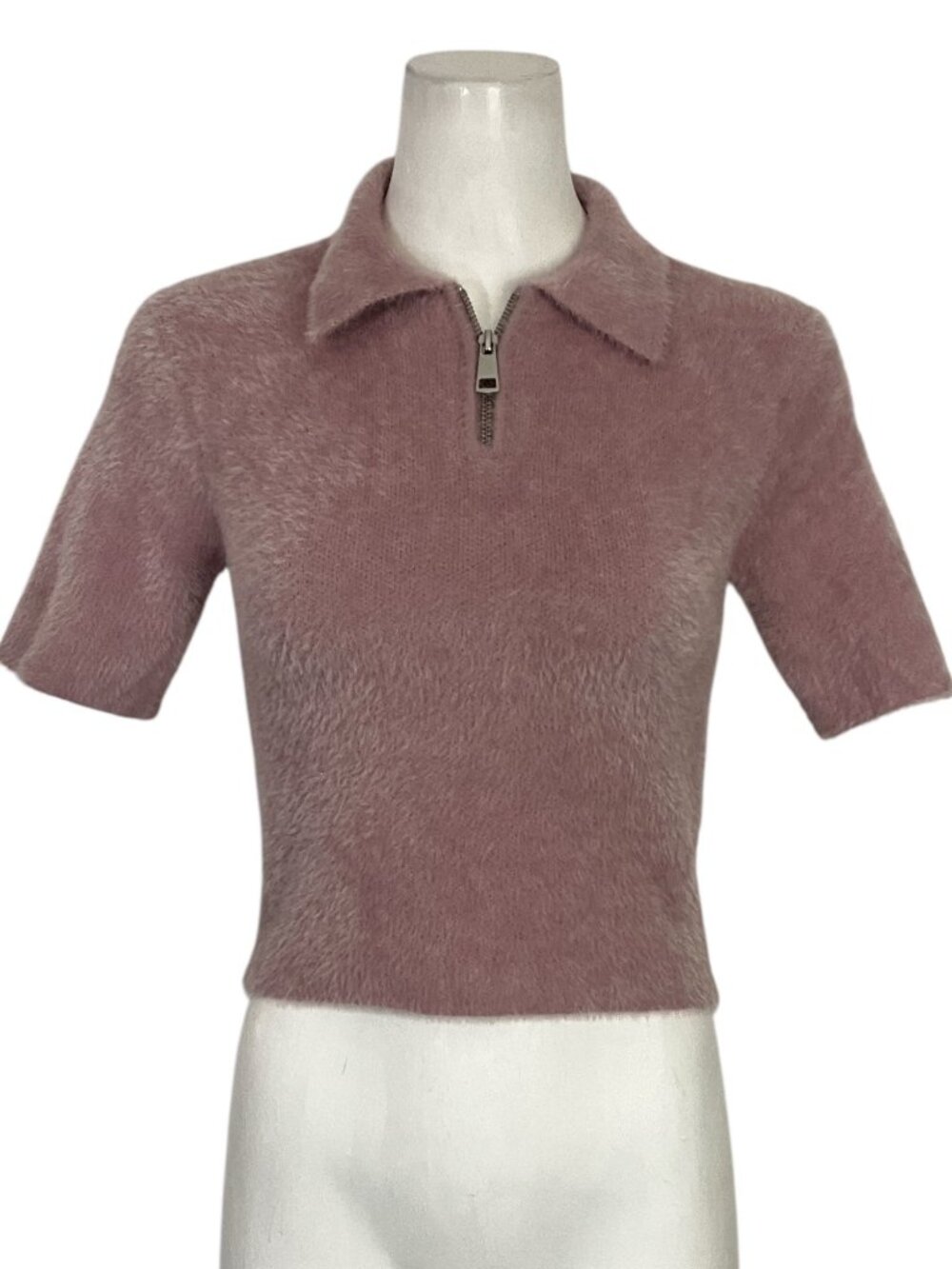 Zara Faux Fur Quarter Zip Sweater M Pink Cropped Short Sleeve NEW